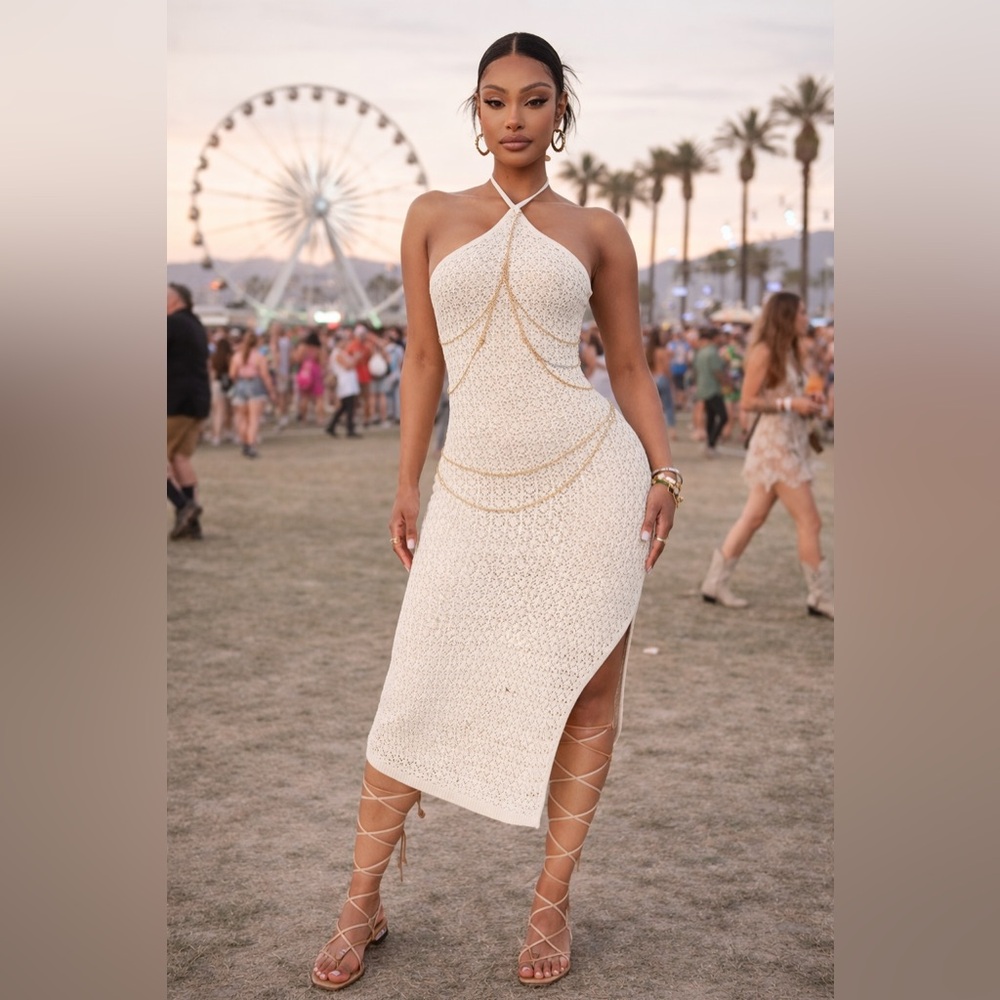 Fashion Nova Cream Crochet Halter Midi Dress
